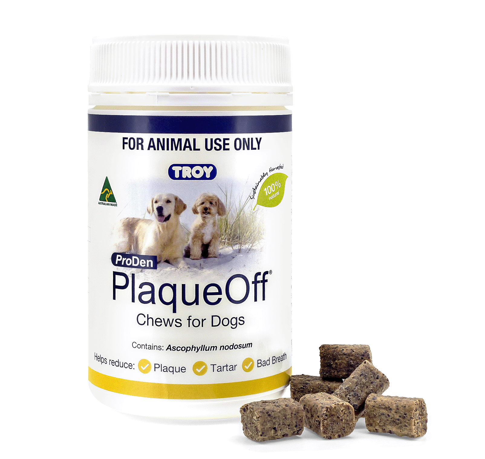 A pack of PlaqueOff Chews for Dogs, with a small pile of the chews next to it.